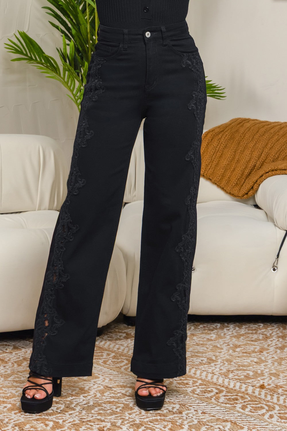 ROMOLA HIGH WAIST STRAIGHT LEG JEANS LACE TRIM