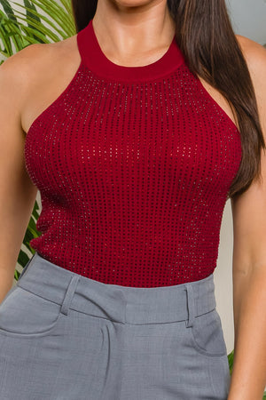 Sleeve less knit top with rhinestones