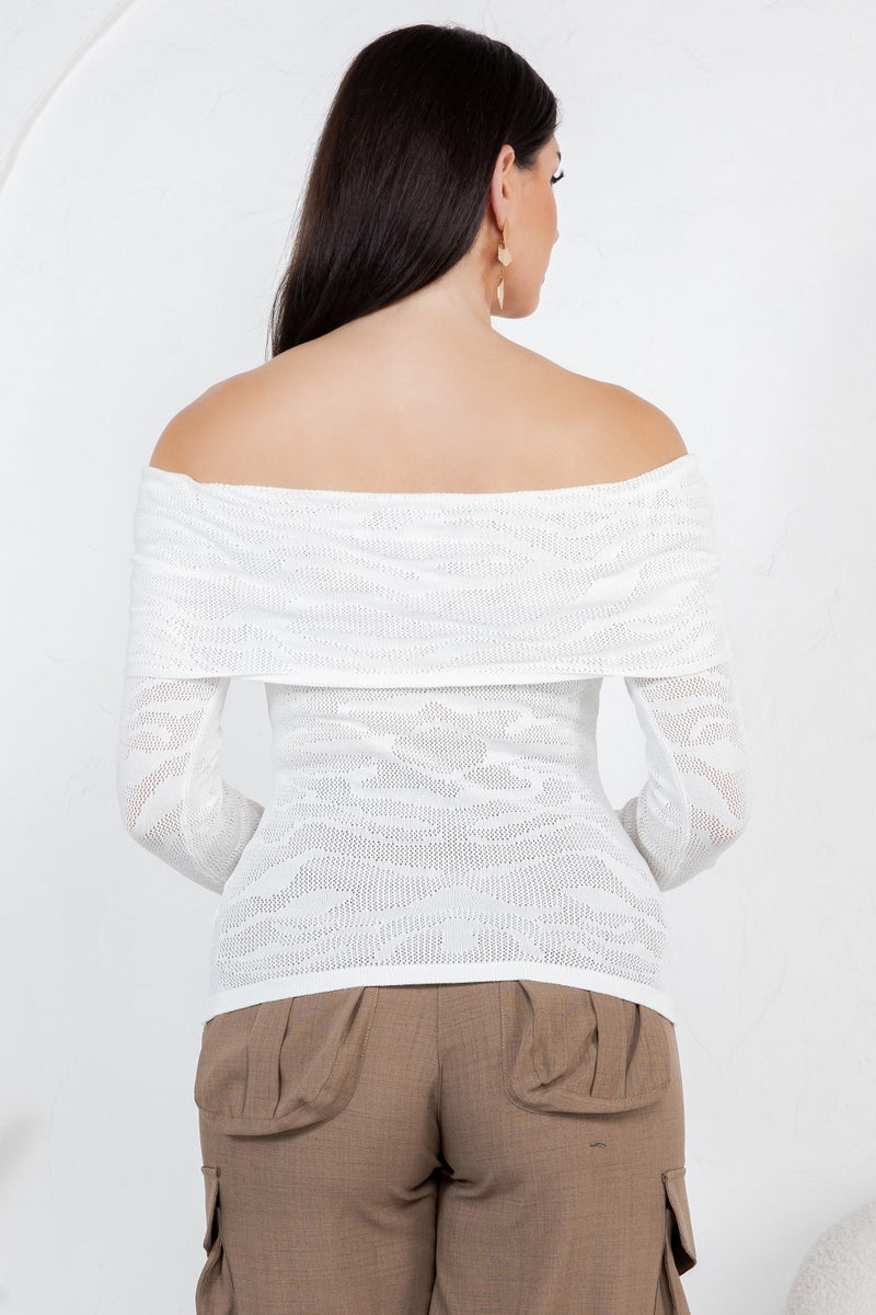 Amandea animal print off shoulder knit long sleeve top
