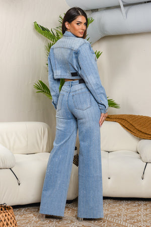 Madona denim rhinestone corpped trucker jacket set