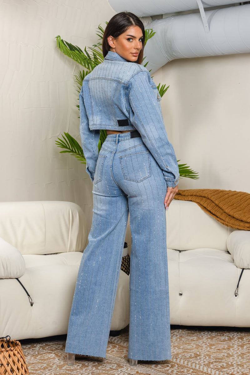 Madona denim rhinestone corpped trucker jacket set