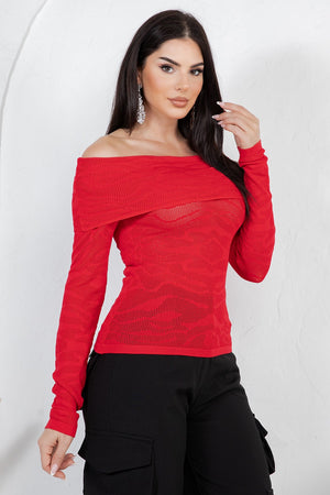 Amandea animal print off shoulder knit long sleeve top