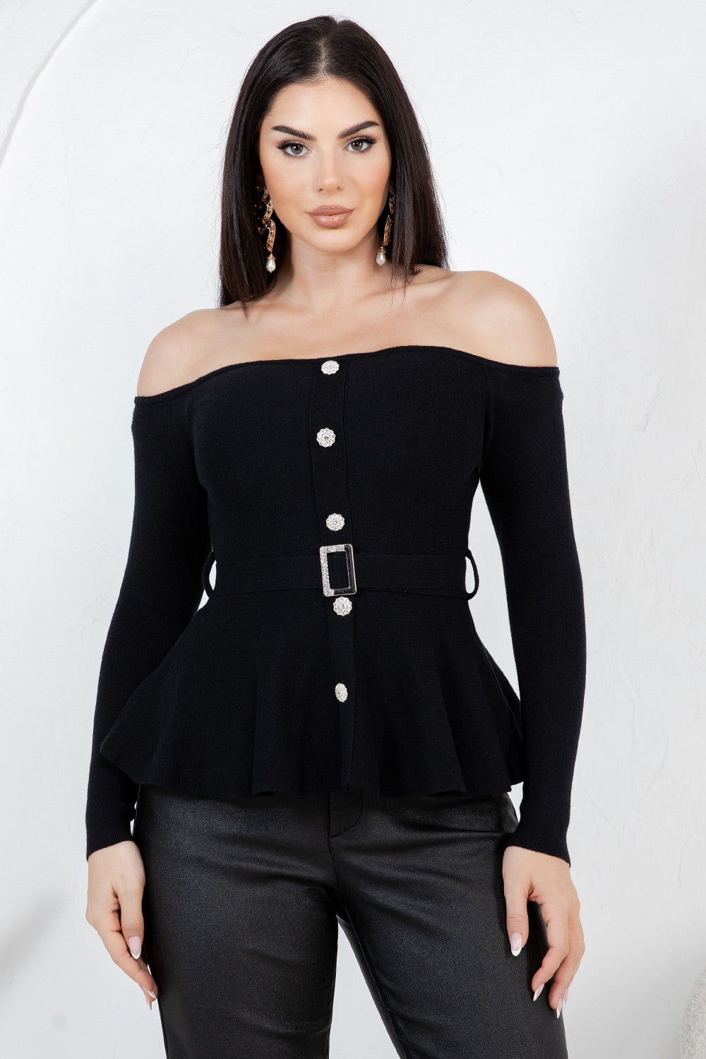 Benedetta  long sleeve open shoulder cinched waist blouse