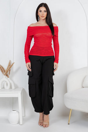 Amandea animal print off shoulder knit long sleeve top