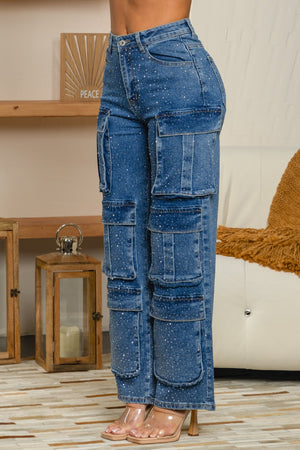 Takeya rhinestones cargo denim jean