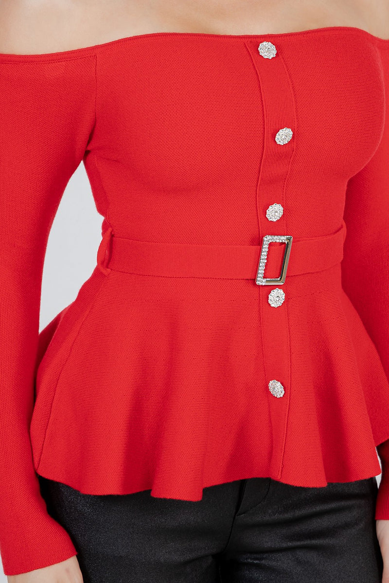 Benedetta  long sleeve open shoulder cinched waist blouse