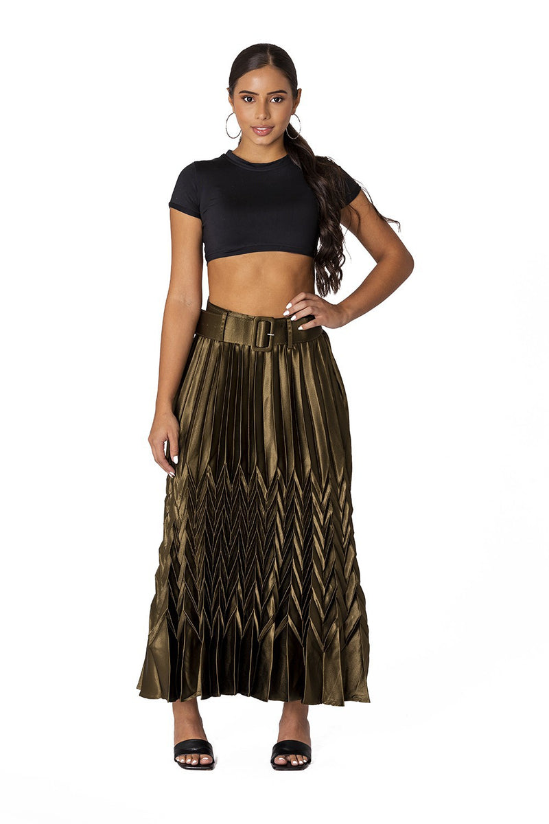 Lina Satin pleated skirt with belt
