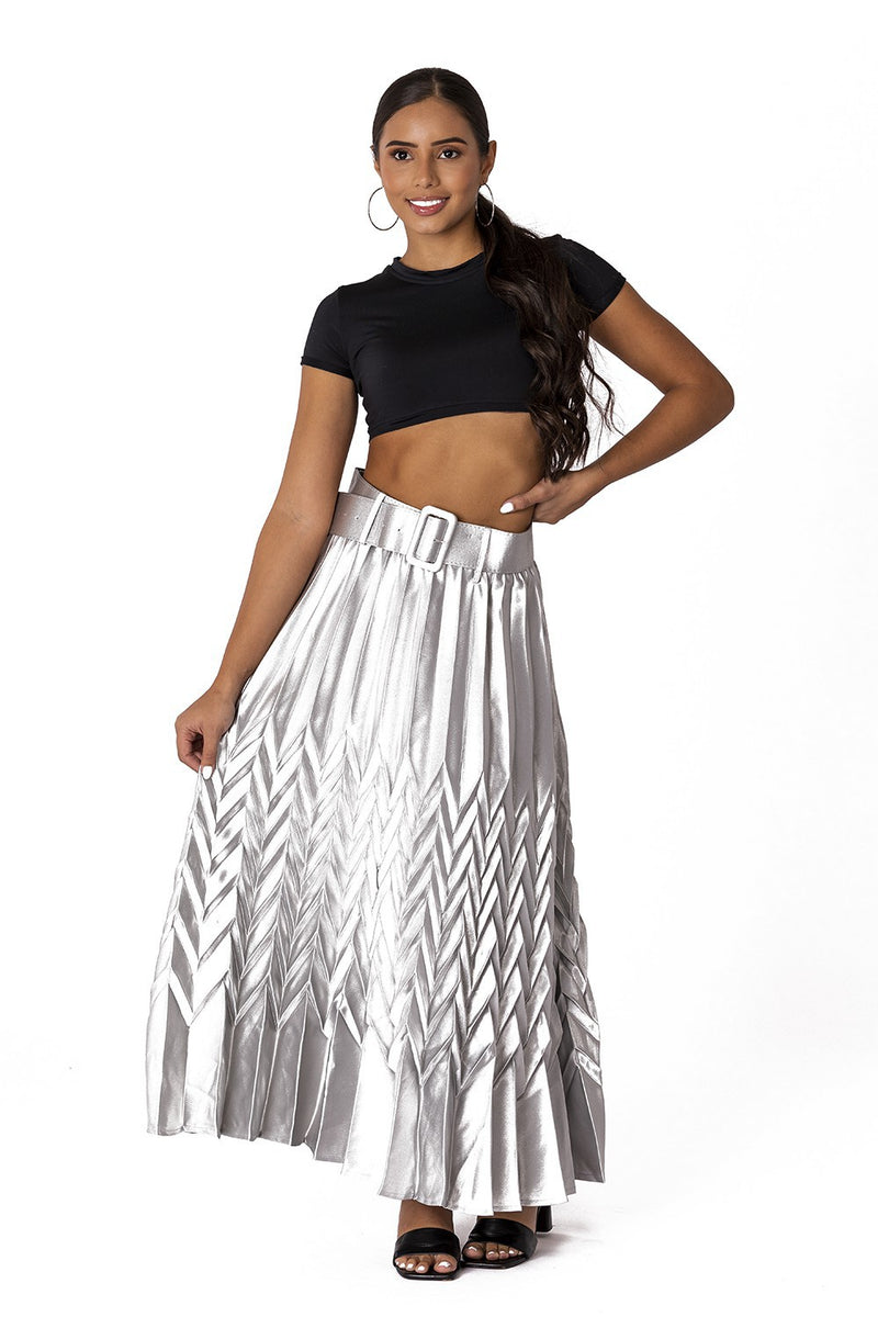 Lina Satin pleated skirt with belt