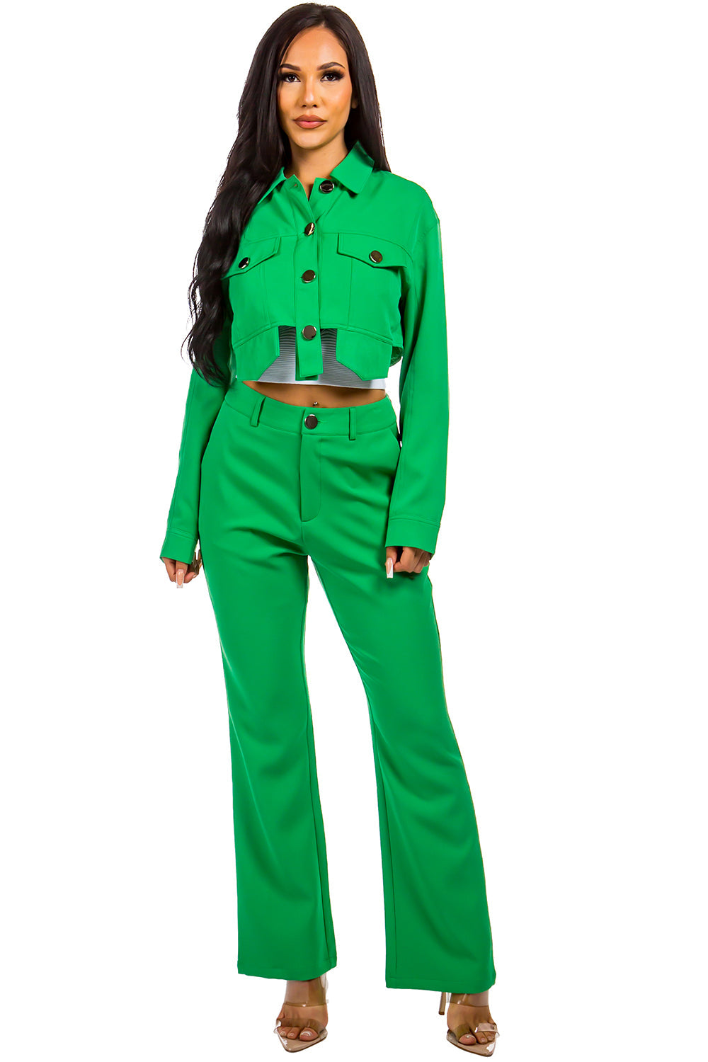 Crop top with hot sale pants and jacket