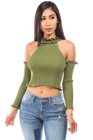 Amber knit top with sexy open shoulders
