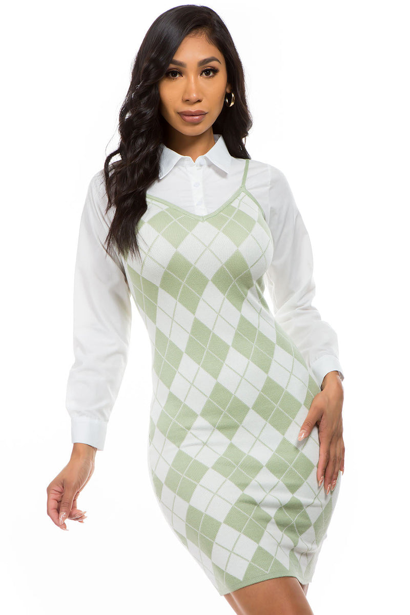 Pureza Knit dress long sleeve houndstooth pattern