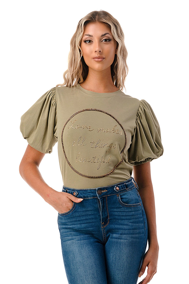 Daniella puff sleeve embroidery t-shirt