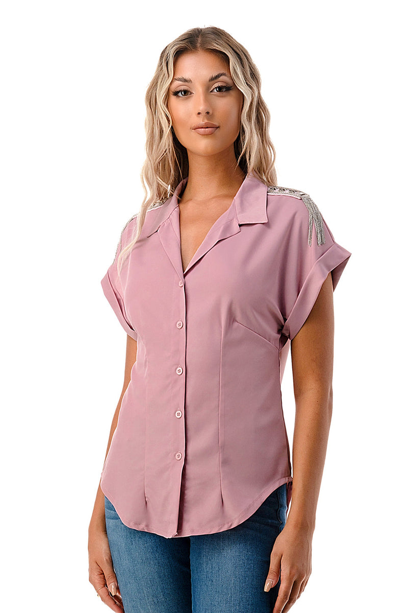 Donna Sleeveless printed shirt with metal details on shoulders