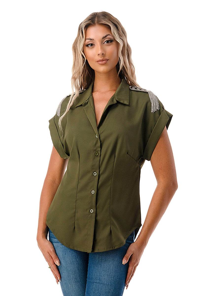 Donna Sleeveless printed shirt with metal details on shoulders